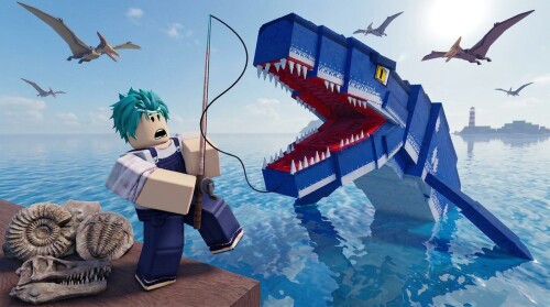 A blocky player character in Prehistoric Farm fishes from a dock while a giant blue sea reptile bursts from the water and pterosaurs fly overhead